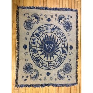 Vintage Zodiac Celestial Throw Blanket 44x54 Blue Sun Moon Woven Tapestry